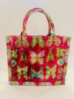 Wolf & Willa fuchsia velvet silk tote bag for women with butterfly pattern